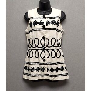 Andrea Jovine Linen Embroidered Beaded Vest Top Black Ivory Button Front Artsy 8
